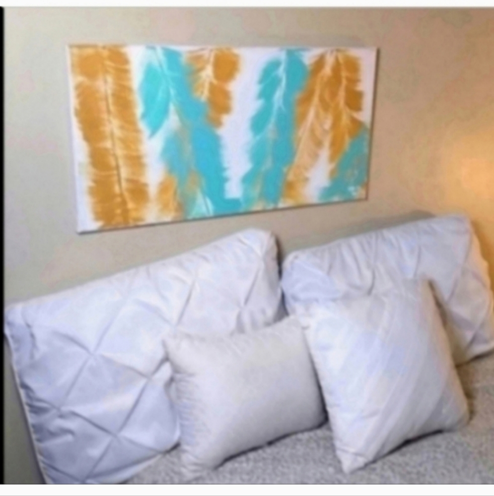Southwest feathers painting headboard latex on canvas original artist white blue